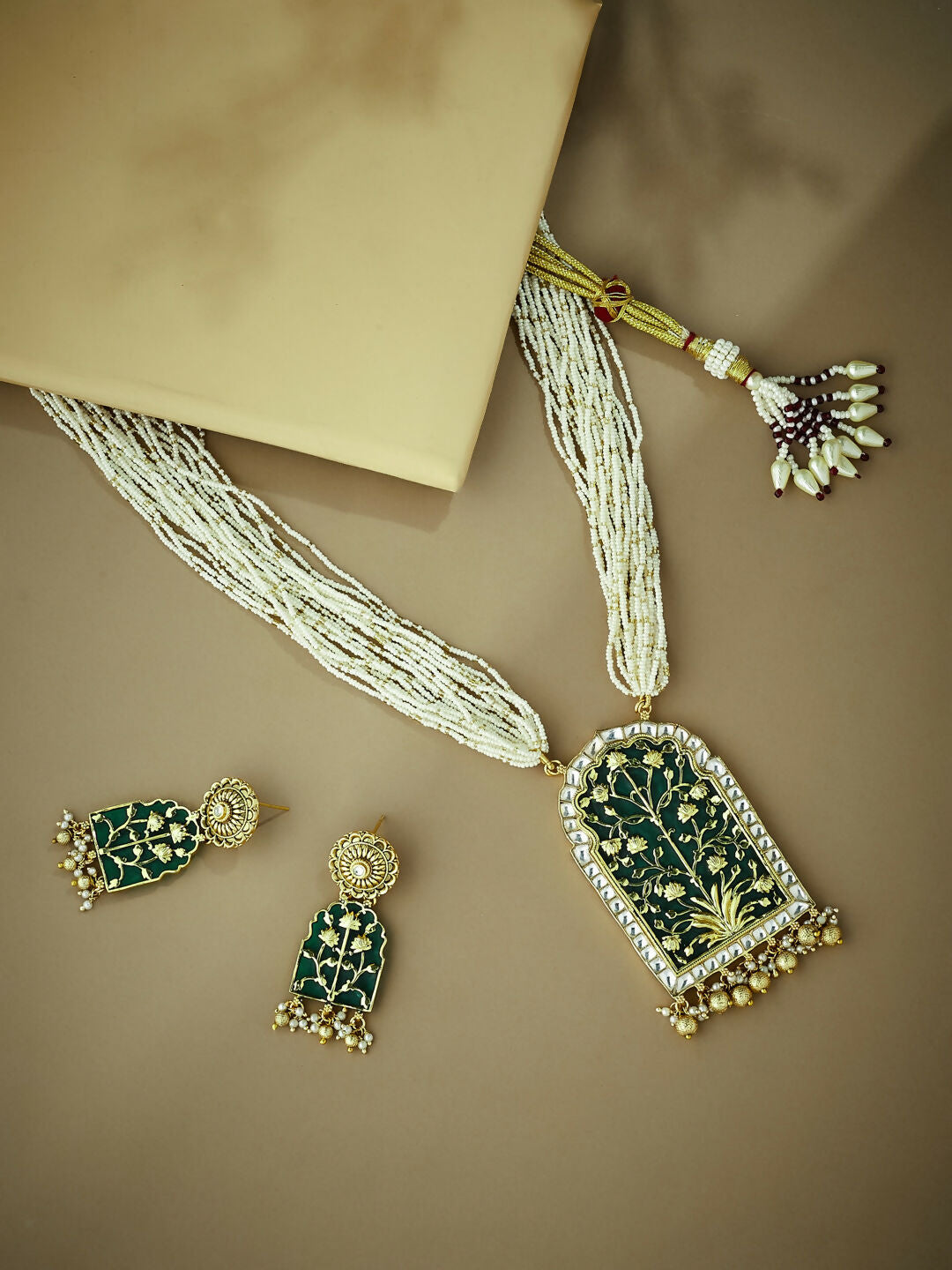 Nuyug 22K Gold-Plated Pearl Beaded Strings Green Enamel Pendant with Floral Motifs Necklace Set | Grocsy