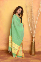 Very Much Indian Handloom Pure Cotton Paithani Dupatta - Green | Grocsy