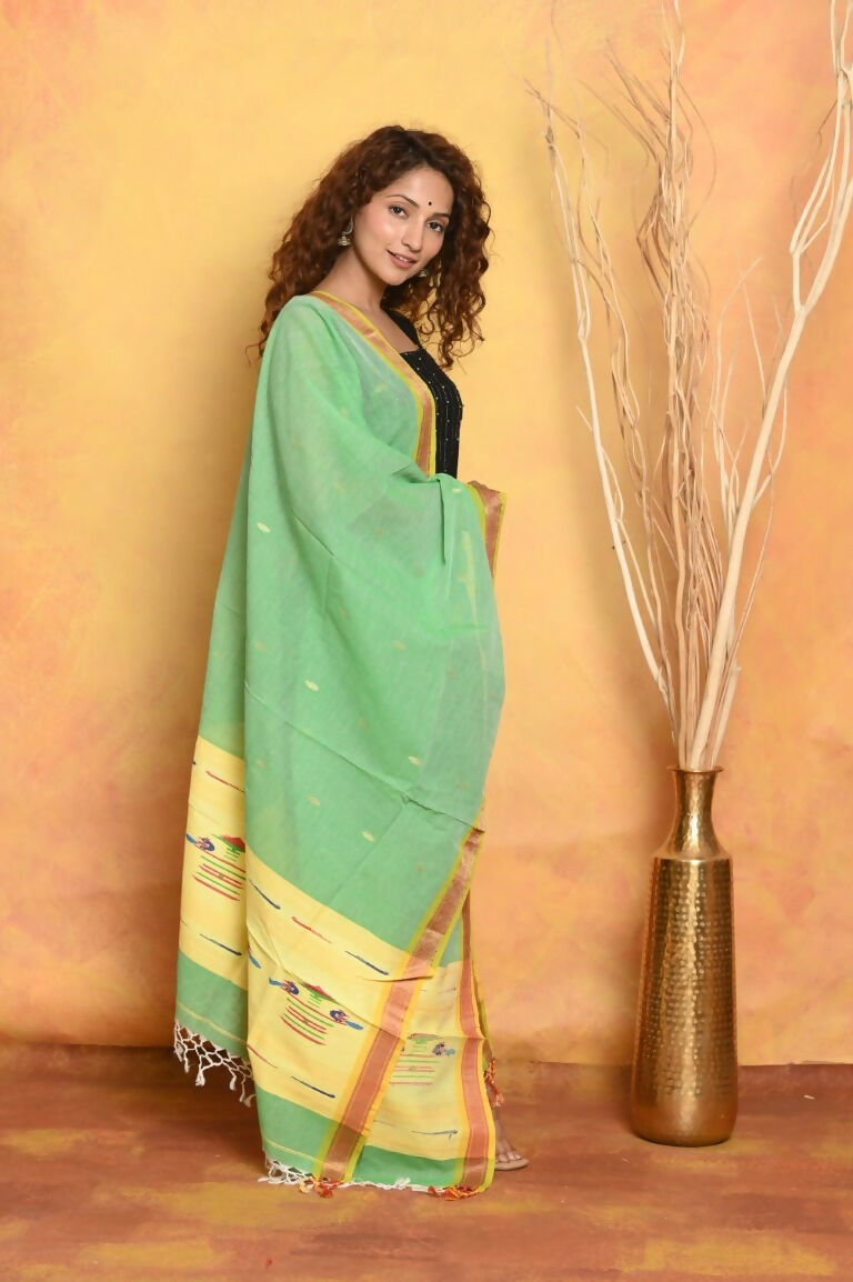 Very Much Indian Handloom Pure Cotton Paithani Dupatta - Green | Grocsy