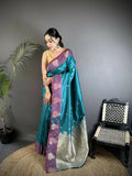 Joban Fashion Teal Small Butti Soft Silk Banarasi Saree | Grocsy