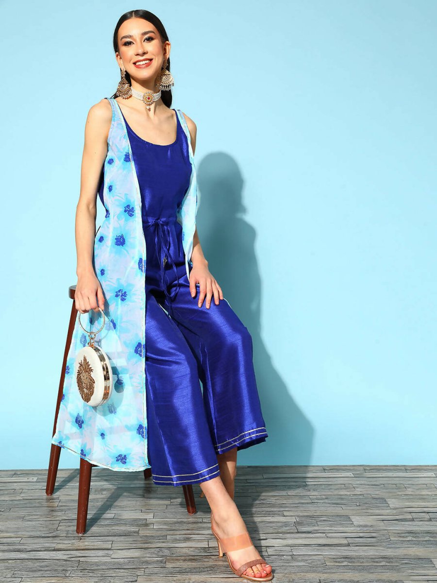 Ahalyaa Womens Royal Blue Poly Silk Printed Jumpsuit | Grocsy