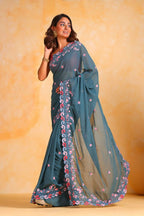 Vamsee Priya Blue Georgette Silk Saree | Grocsy