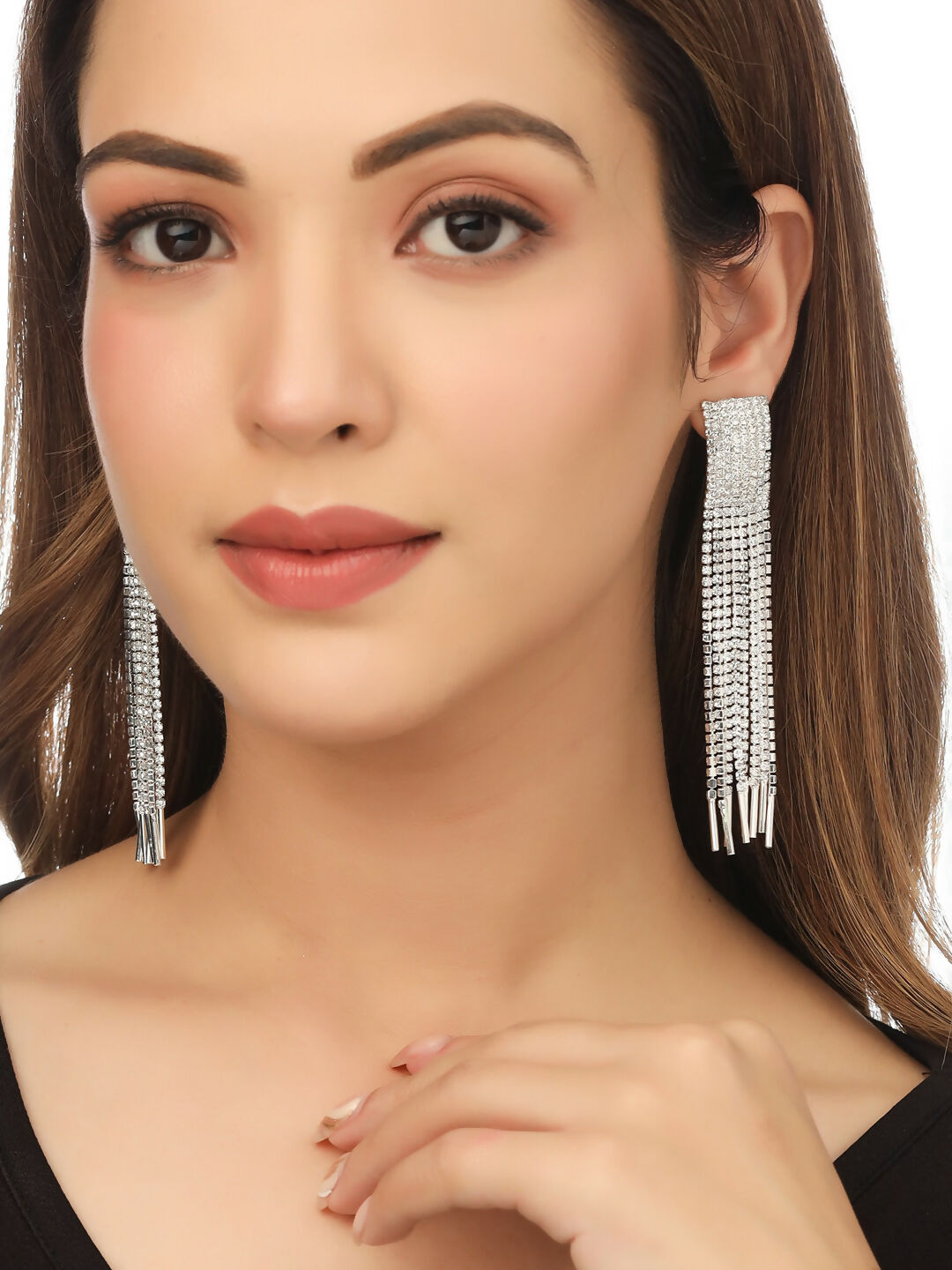 NVR Women Silver Toned Contemporary Ad Studded Drop Earrings | Grocsy