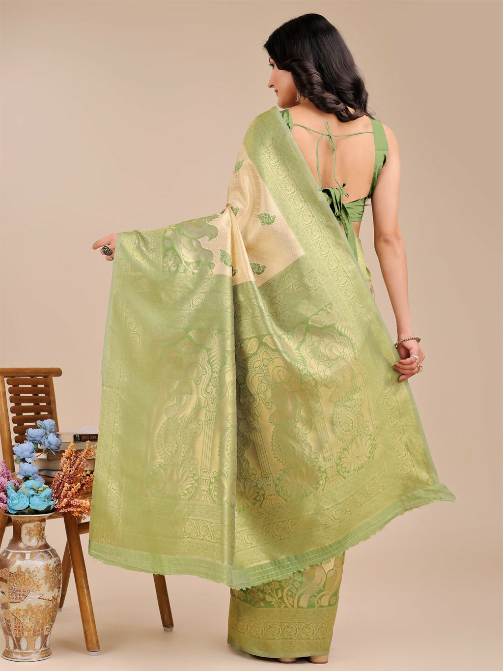 Shree Shyam Fashion Banarasi Silk Cream & Light Green Saree | Grocsy