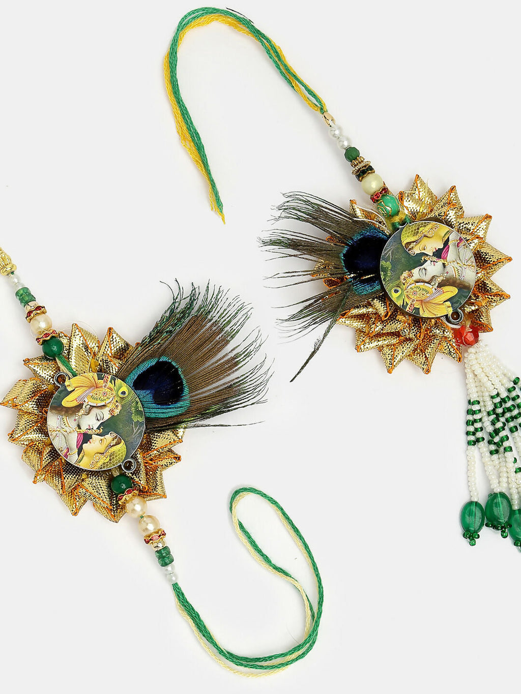 NVR Women & Men Set of 2 Green Radha Krishna Beaded Bhaiya Bhabhi Rakhi With Roli Chawal | Grocsy