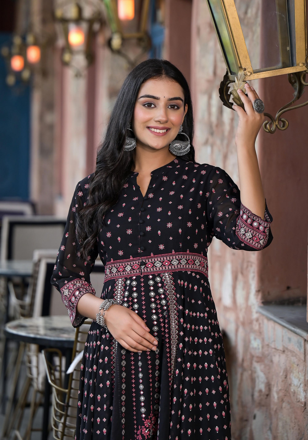 Juniper Women's Black Ethnic Motif Printed Georgette A-line Dress With Mirror Work & Sequins | Grocsy