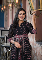Juniper Women's Black Ethnic Motif Printed Georgette A-line Dress With Mirror Work & Sequins | Grocsy