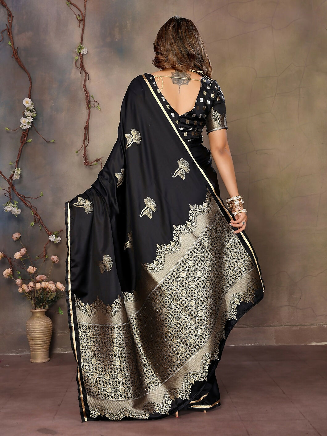 Joban Fashion Black Floral Motifs Banarasi Silk Sarees | Grocsy