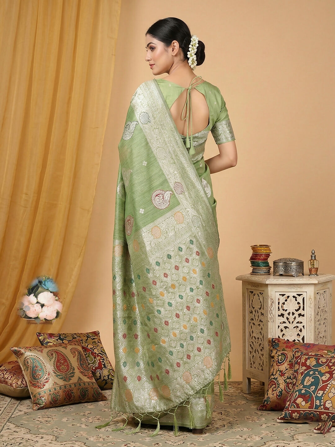 Shree Shyam Fashion Light Green Linen Cotton Saree | Grocsy