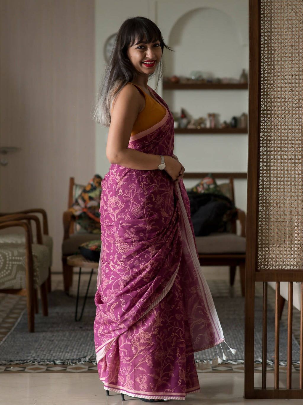 Suta Magenta Floral Pure Cotton Saree | Grocsy