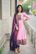 Teeya Creation Womens New Elegant Pink Anarkali Gown with Embroidered Yoke Contrasting Wine Dupatta Set | Grocsy