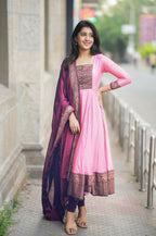 Teeya Creation Womens New Elegant Pink Anarkali Gown with Embroidered Yoke Contrasting Wine Dupatta Set | Grocsy
