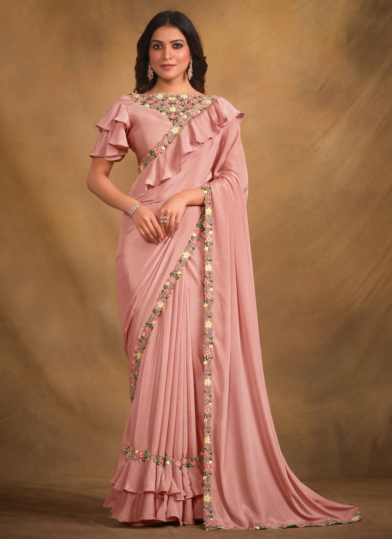 Pink Crepe Georgette Silk Designer Saree with Unstitched Blouse - Norita Mahitha | Grocsy