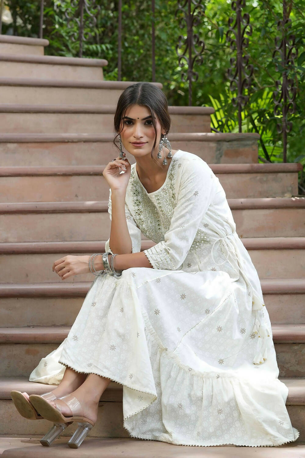 Juniper Off-White Rayon Festive Wear Embroidered A-Line Long Dress | Grocsy
