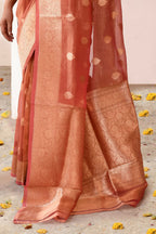 Joban Fashion Rose Gold Banarasi Tissue Pure Handloom Banarasi Silk Saree | Grocsy