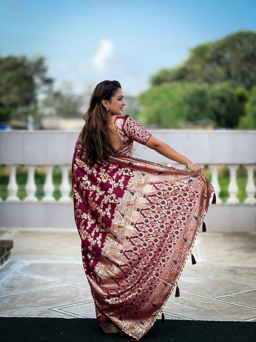 Vedant Vastram Soft Dola Silk Fancy Jacquard Bollywood Saree - Wine | Grocsy