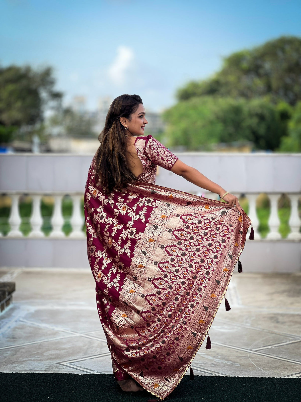 Vedant Vastram Soft Dola Silk Fancy Jacquard Bollywood Saree - Wine | Grocsy