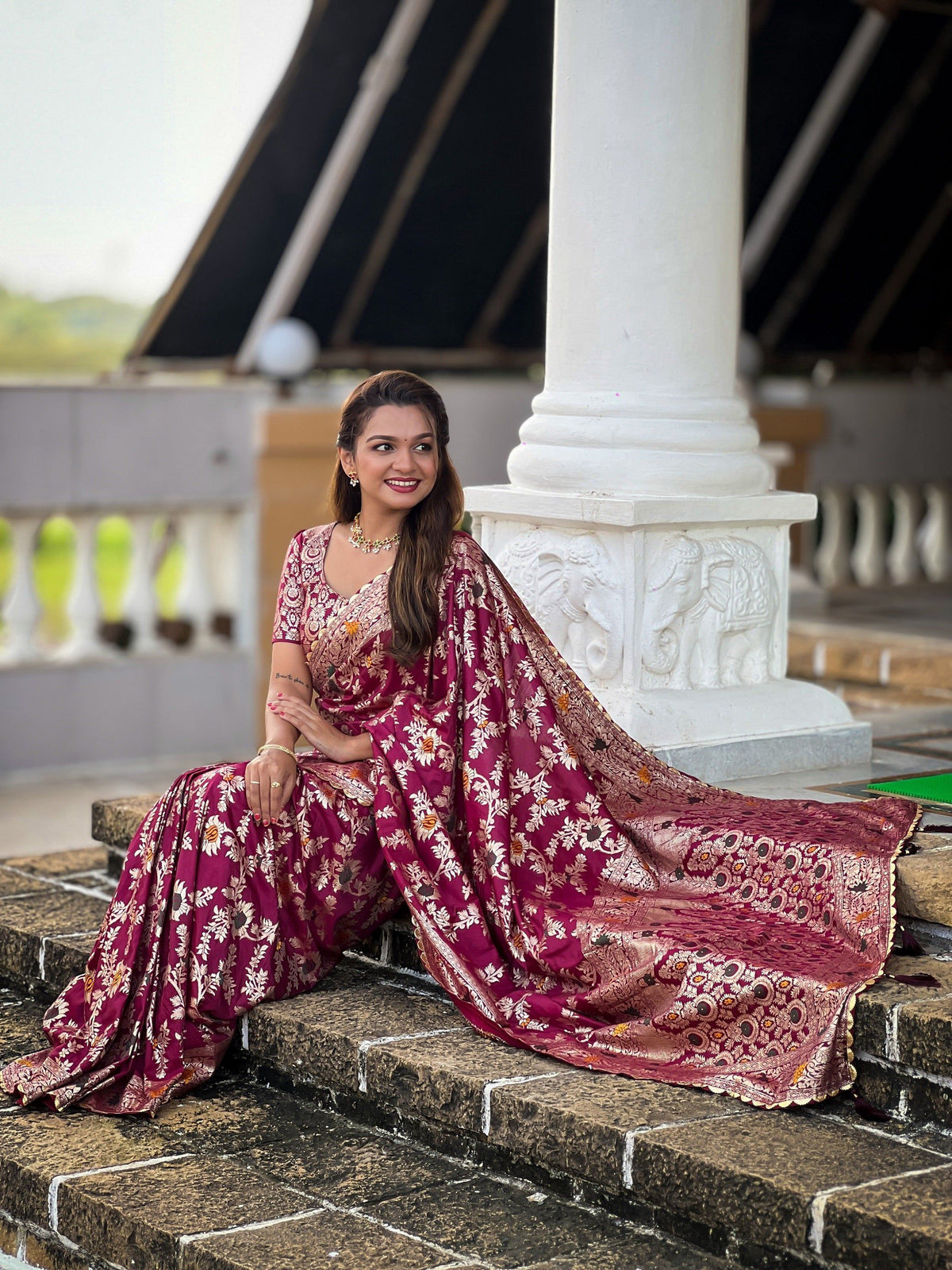 Vedant Vastram Soft Dola Silk Fancy Jacquard Bollywood Saree - Wine | Grocsy