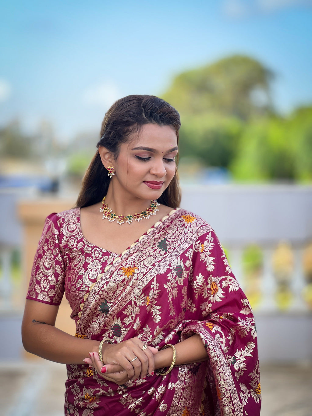 Vedant Vastram Soft Dola Silk Fancy Jacquard Bollywood Saree - Wine | Grocsy