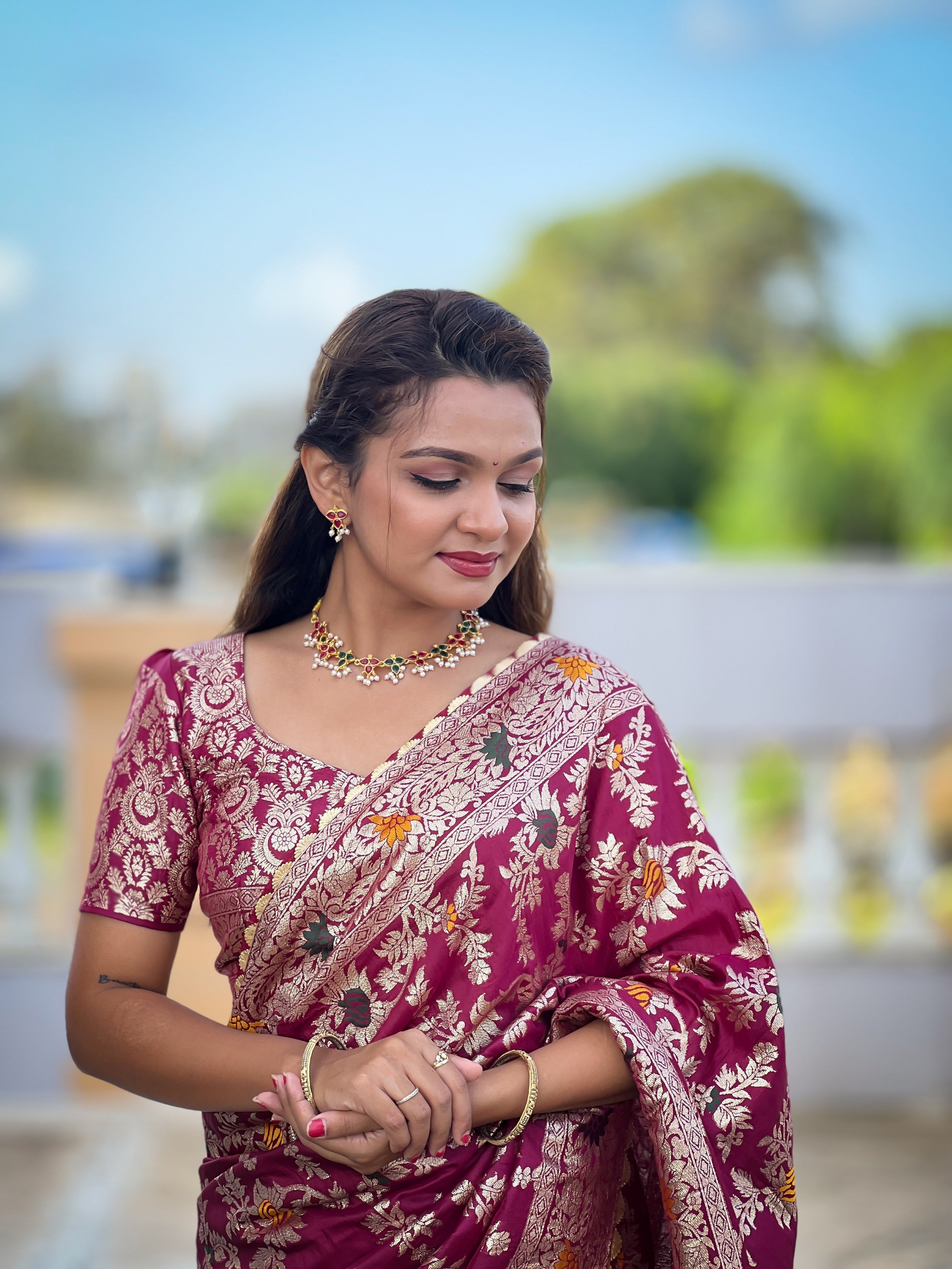 Vedant Vastram Soft Dola Silk Fancy Jacquard Bollywood Saree - Wine | Grocsy