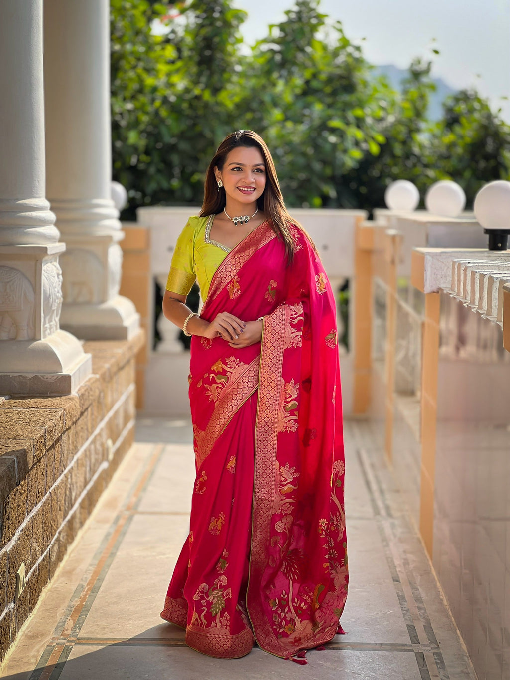 Vedant Vastram Soft Dola Silk Fancy Jacquard Bollywood Saree - Pink | Grocsy