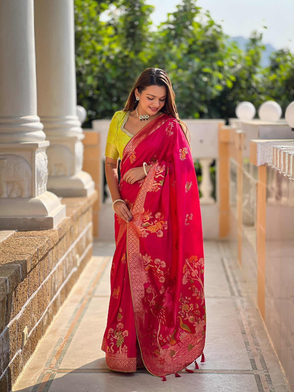 Vedant Vastram Soft Dola Silk Fancy Jacquard Bollywood Saree - Pink | Grocsy