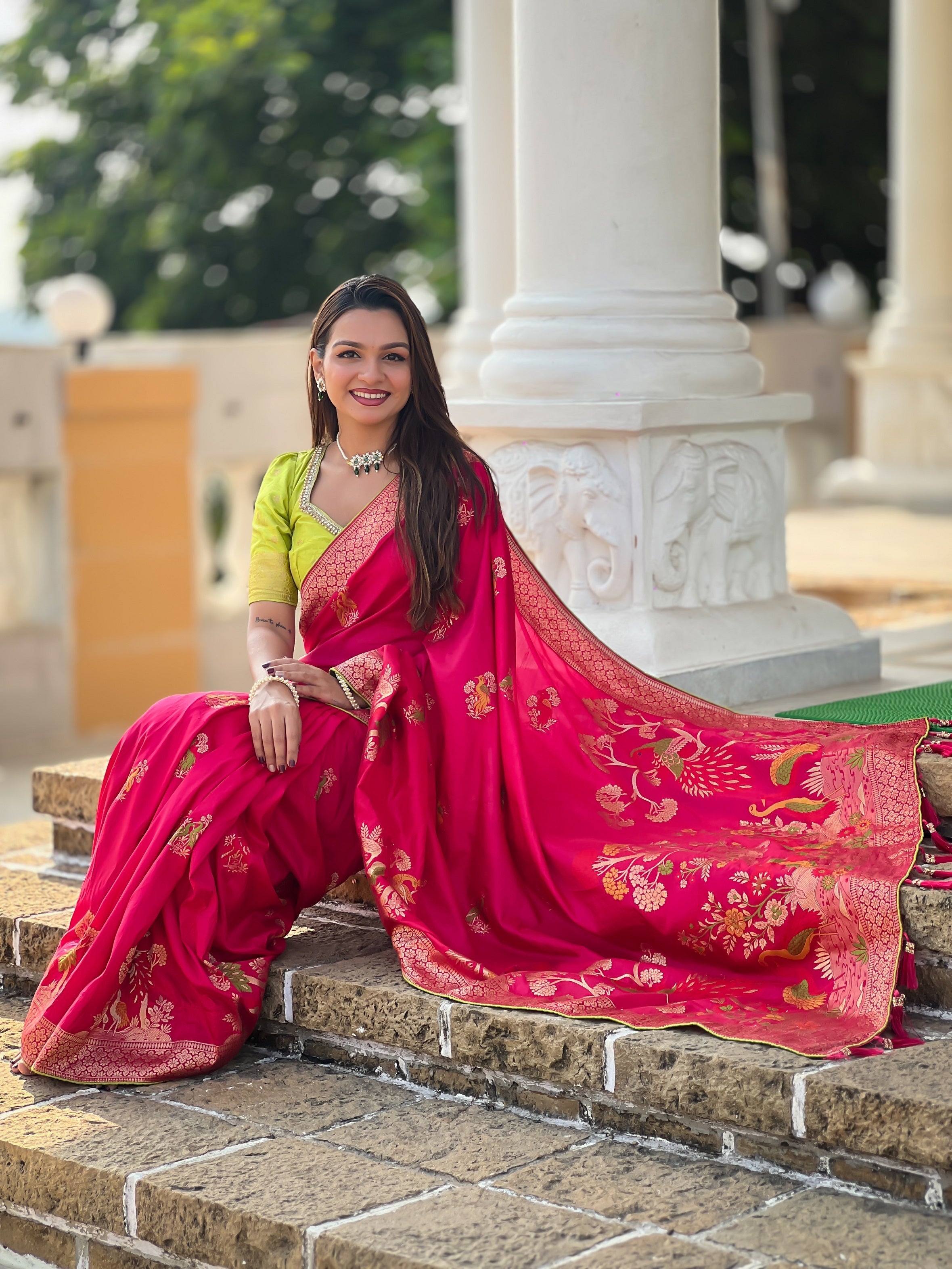 Vedant Vastram Soft Dola Silk Fancy Jacquard Bollywood Saree - Pink | Grocsy