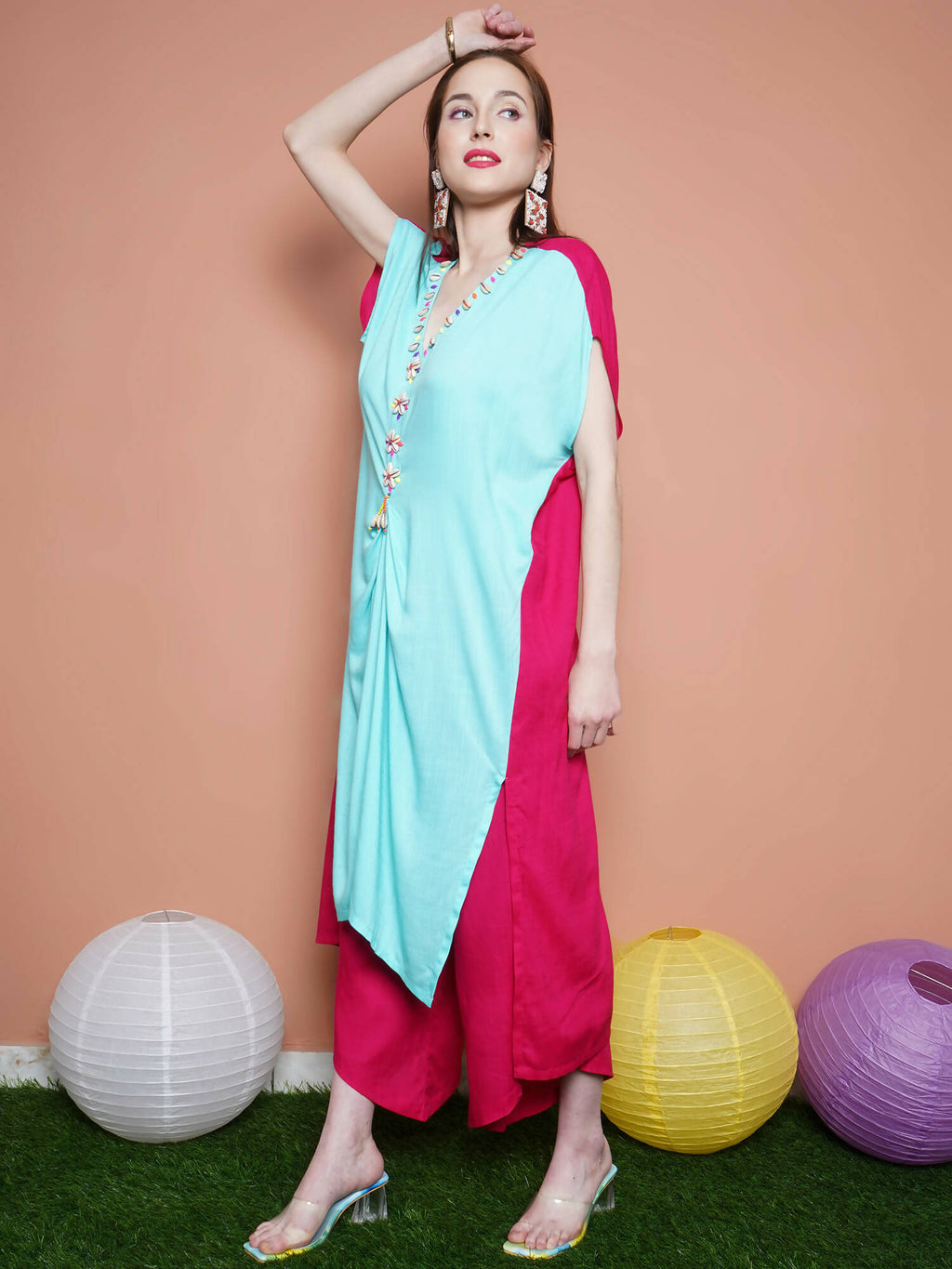 Women Republic Blue And Pink Assyemtrical Kurta Set | Grocsy