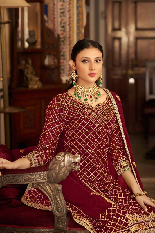 Maroon Heavy Chinon Semi Stitched Kurta with Bottom & Dupatta - Dhvani | Grocsy