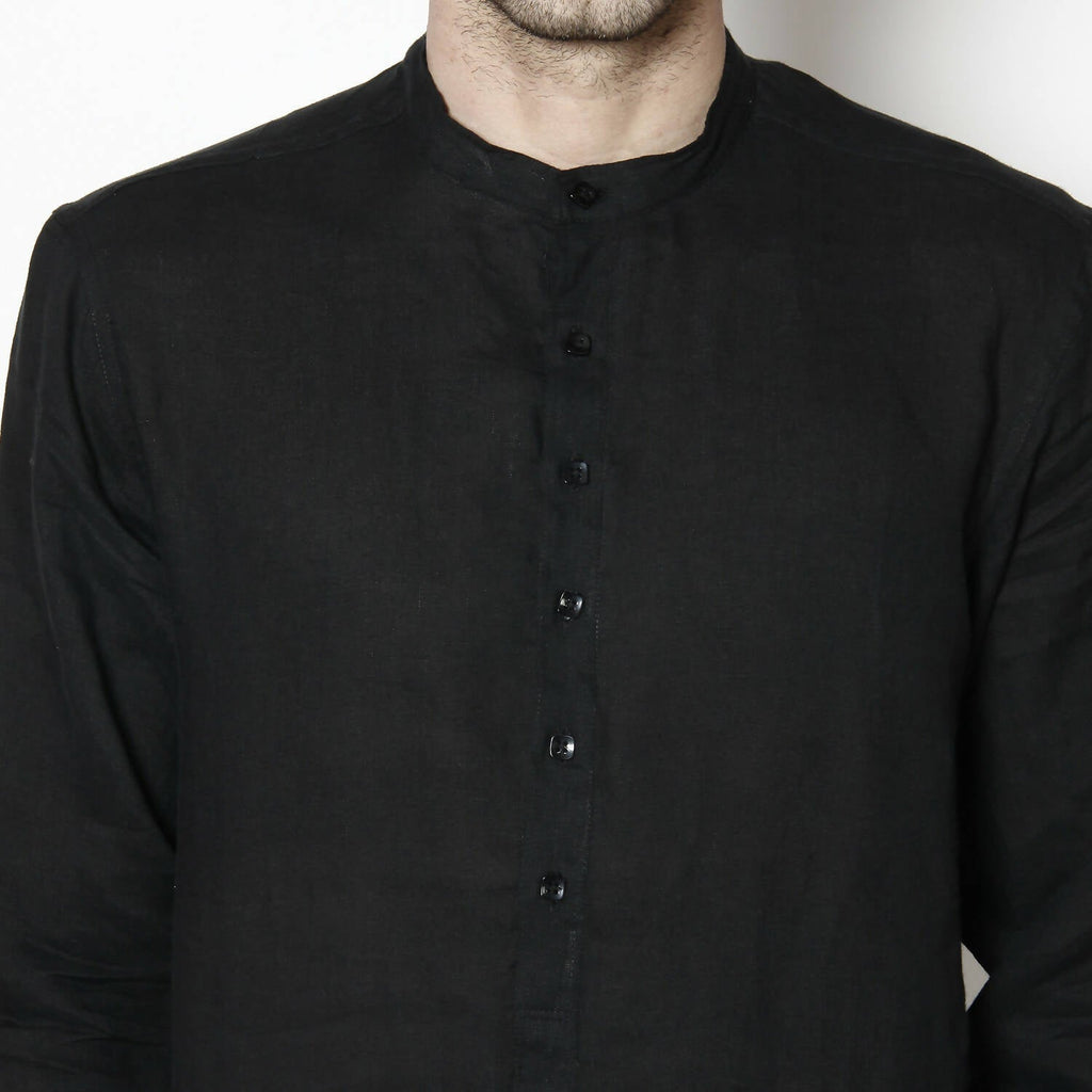 Even Apparels Black Linen Linen Men's Kurta With Band Collar | Grocsy