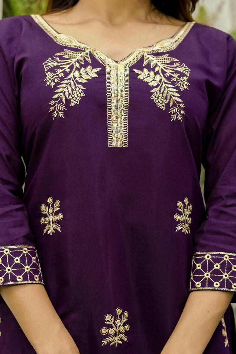 The52 Wine Women's Beautiful Viscose Chanderi Fabric Thread Work Straight Kurta Pant and Dupatta Set | Grocsy