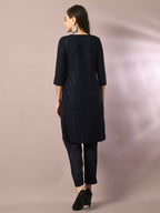 Myshka Women's Navy Blue Embroidered Cotton Straight Party Kurta Set | Grocsy
