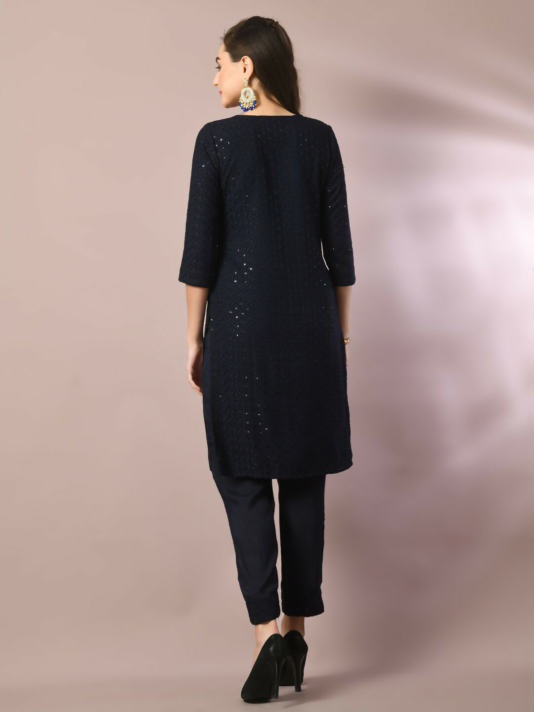 Myshka Women's Navy Blue Embroidered Cotton Straight Party Kurta Set | Grocsy