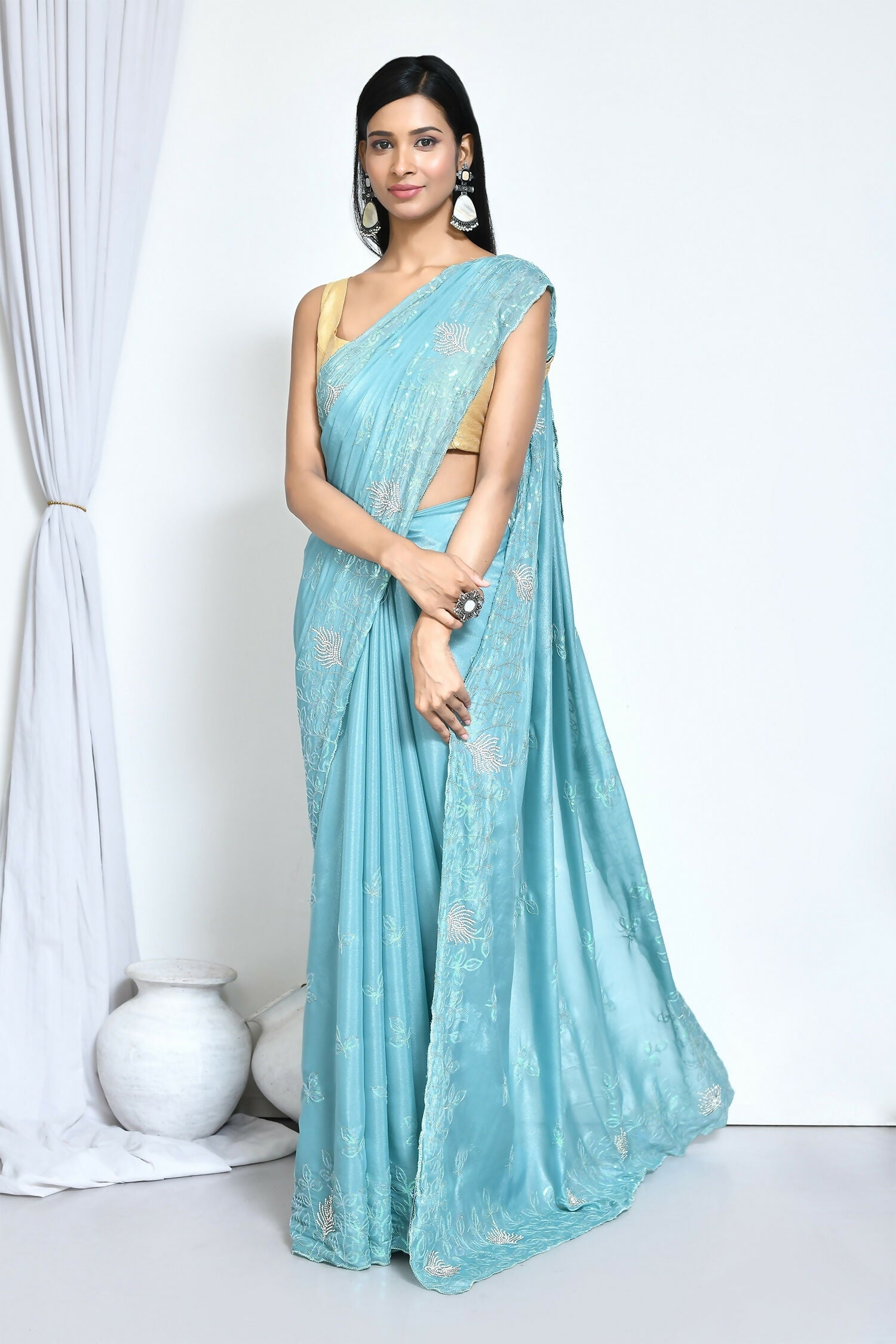 Blue Crepe Silk Sequence Embroidered with Stone work Saree - Nimaya Benzy | Grocsy