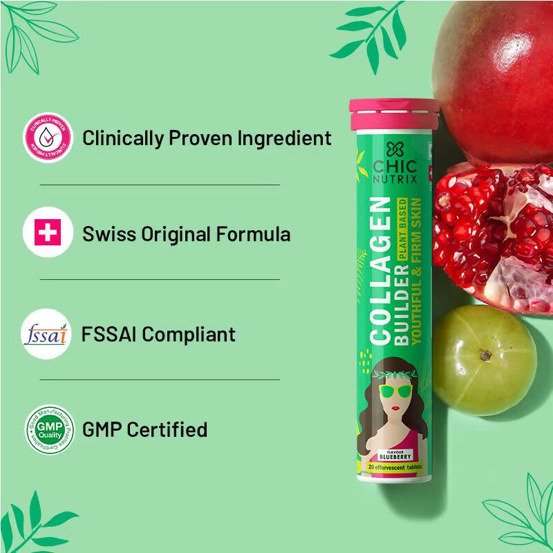 Chicnutrix Plant Based Collagen Builder Tablets for Youthful & Firm Skin -Blueberry Flavor | Grocsy