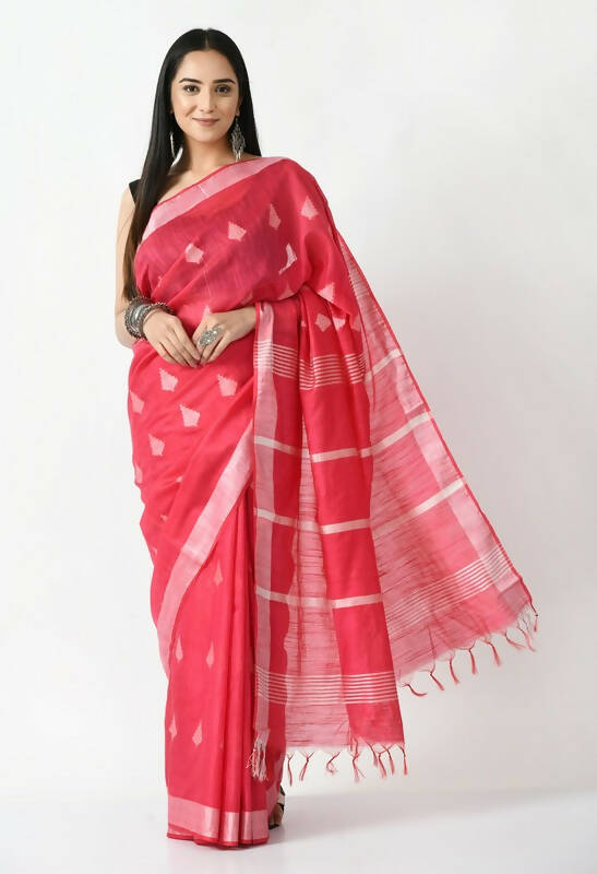 Mominos Fashion Moeza Rose Pink All Over Buti Handloom Silk Saree with unstitched Blouse piece | Grocsy