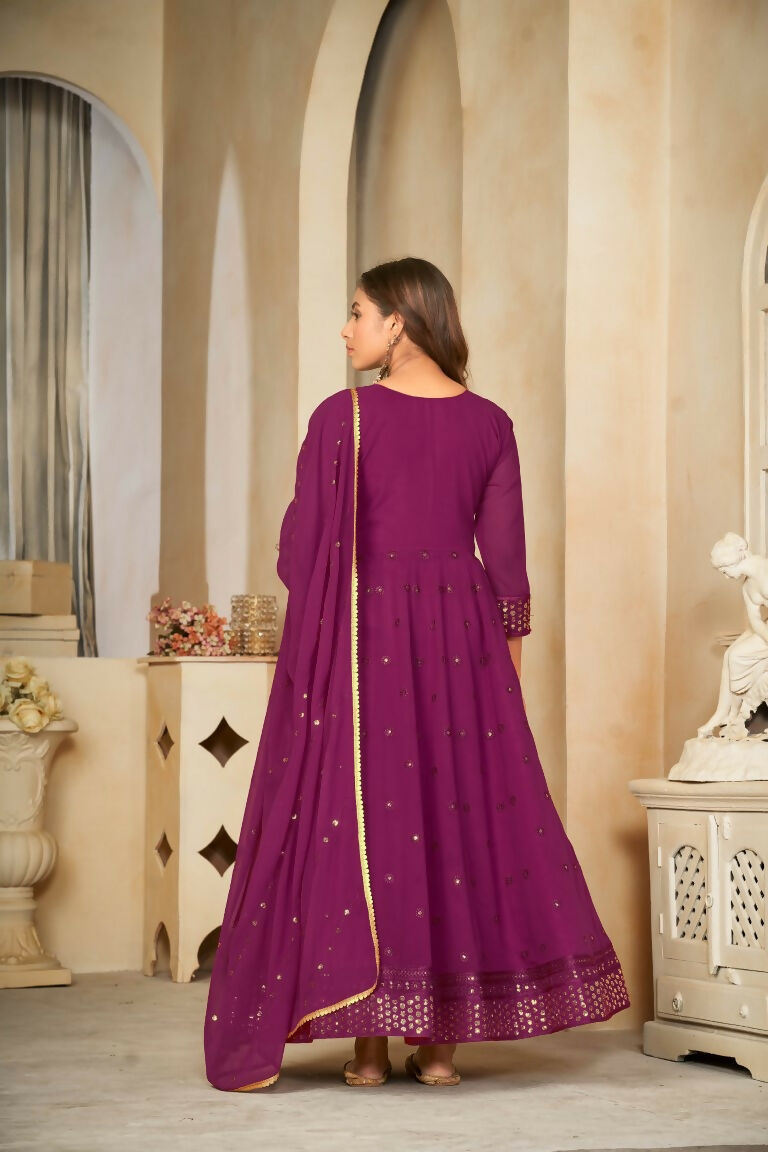 Jyoti Fashion Women's Wine Georgette Embroidered Anarkali Kurta Pant Set With Dupatta | Grocsy