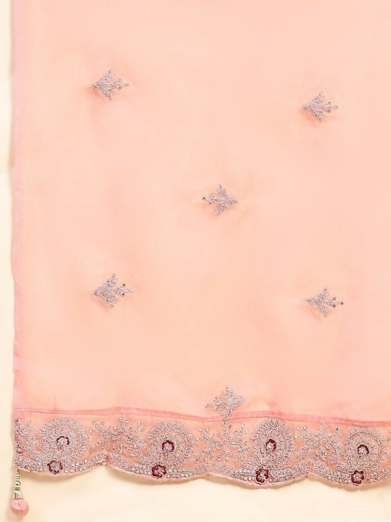 Peach Silk Embroidered Poncho Pattern Top & Lehenga with Dupatta - Tanya | Grocsy