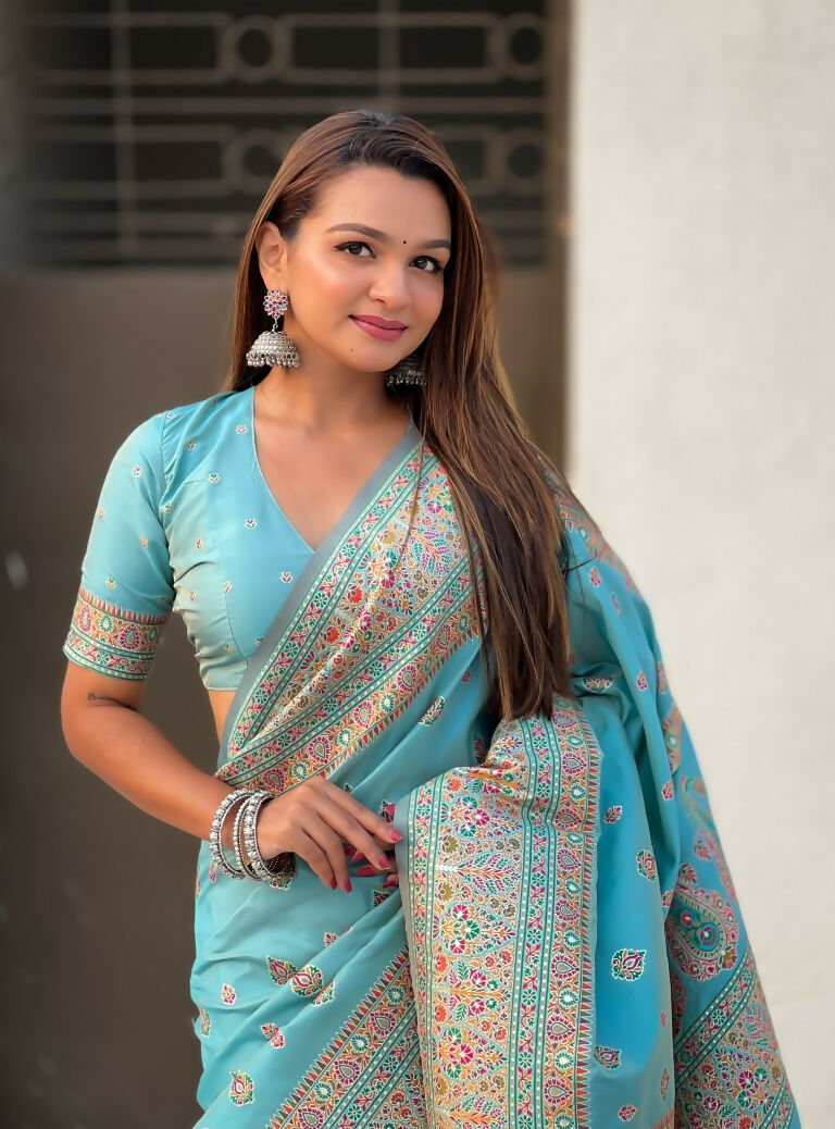 Blue Pashmina Silk Wevon Kashmiri Meenakari Designer Saree with Unstitched Blouse - Vandini | Grocsy
