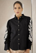 Teeya Creation Women Trendy Black Cotton Button-Down Top with White Contrast Embroidered Sleeves | Grocsy