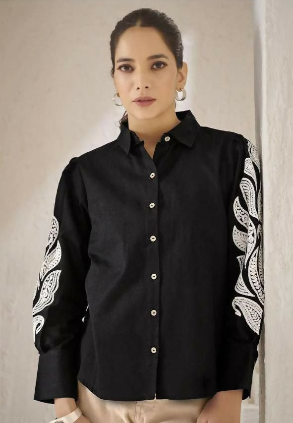 Teeya Creation Women Trendy Black Cotton Button-Down Top with White Contrast Embroidered Sleeves | Grocsy