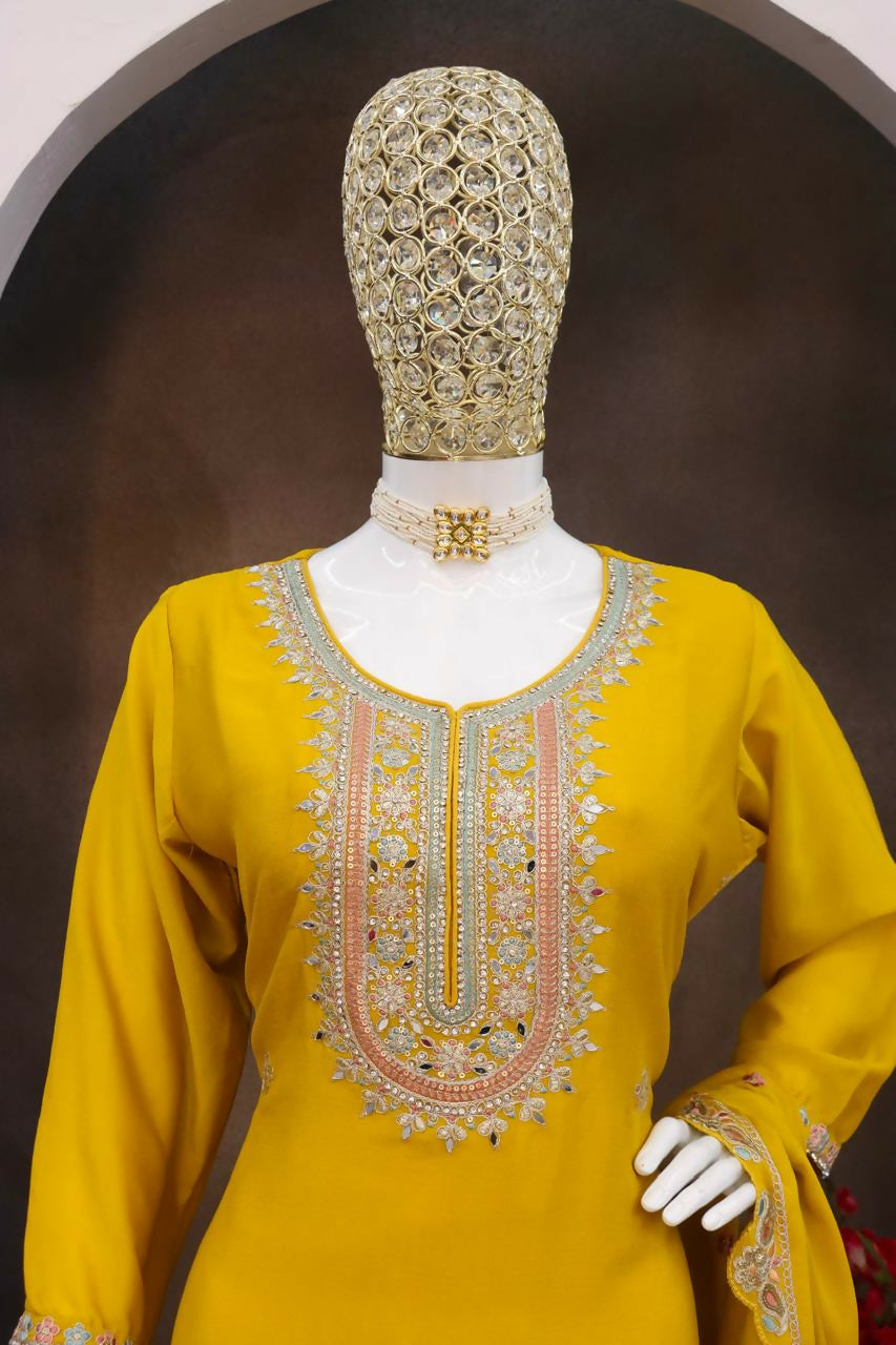 Anaita Yellow Heavy Chinon Stitched Suit with Embroidery & Sequence Work | Grocsy