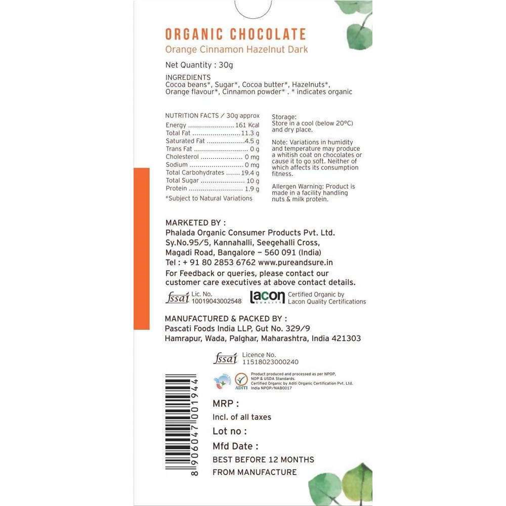 Pure & Sure Organic Chocolate Orange Cinnamon Hazelnut Dark | Grocsy