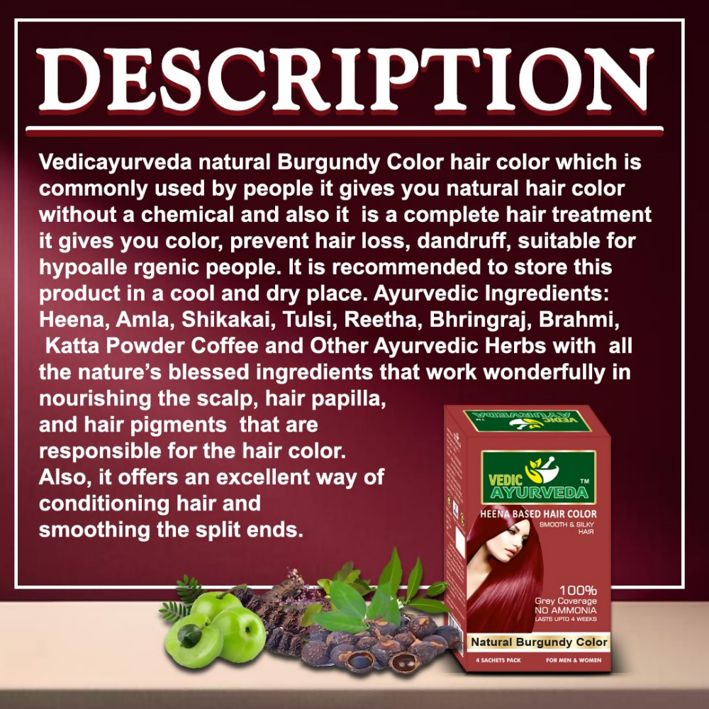 VedicAyurveda Natural Pure Henna Based Hair Color - Natural Burgundy | Grocsy