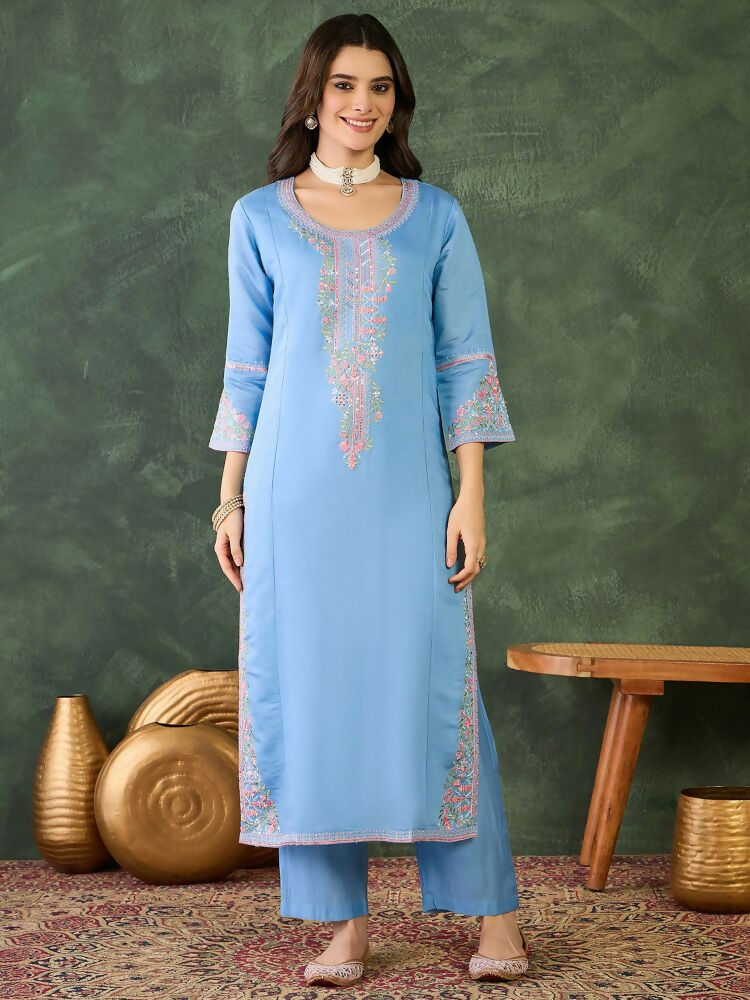 The52 Women's Gorgeous Embroidery Work Viscose Silk Fabric Straight Kurta Pant and Dupatta Set | Grocsy