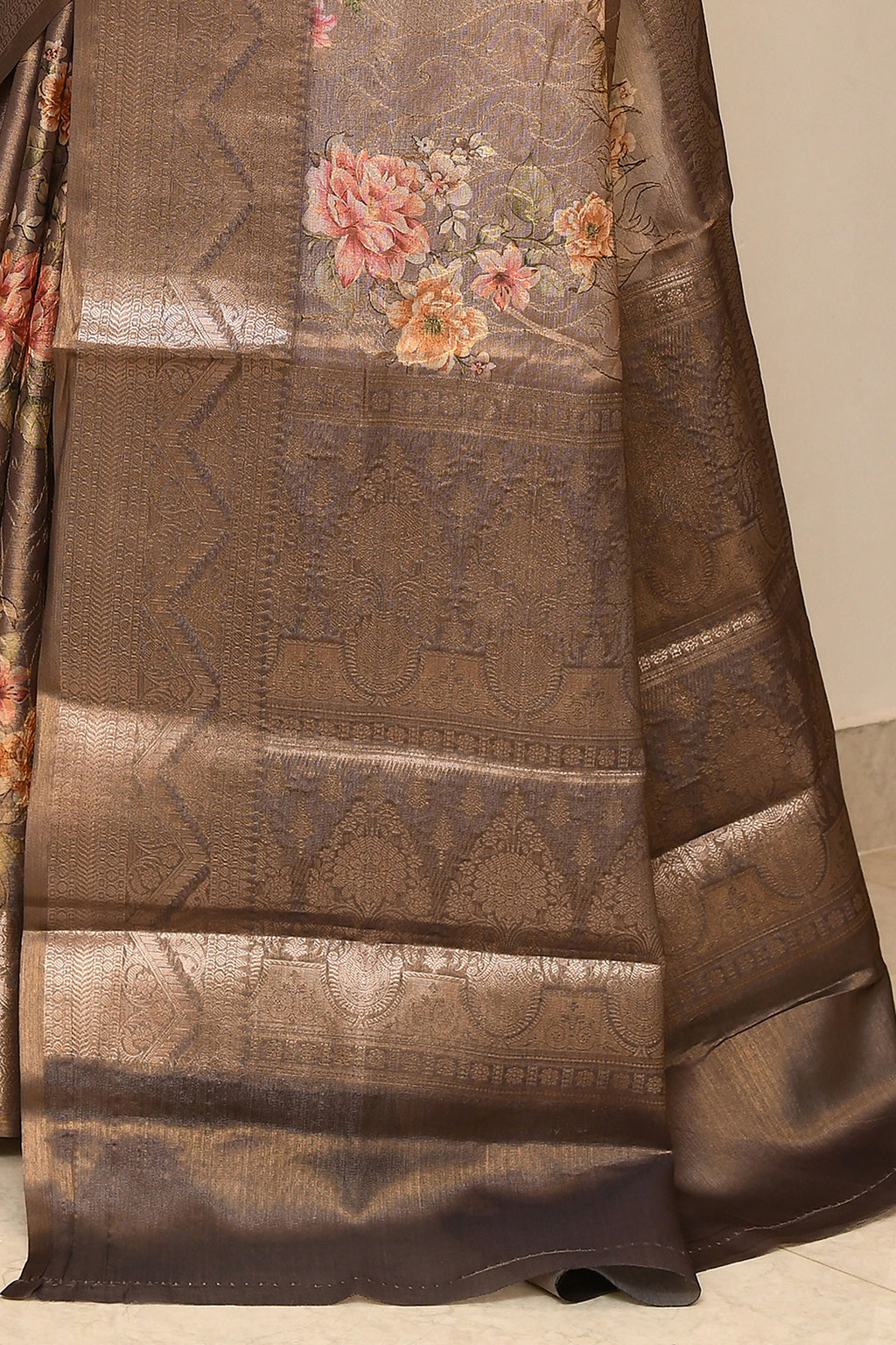 Joban Fashion Cofee Brown Saree Tissue Digital With Embroidery | Grocsy
