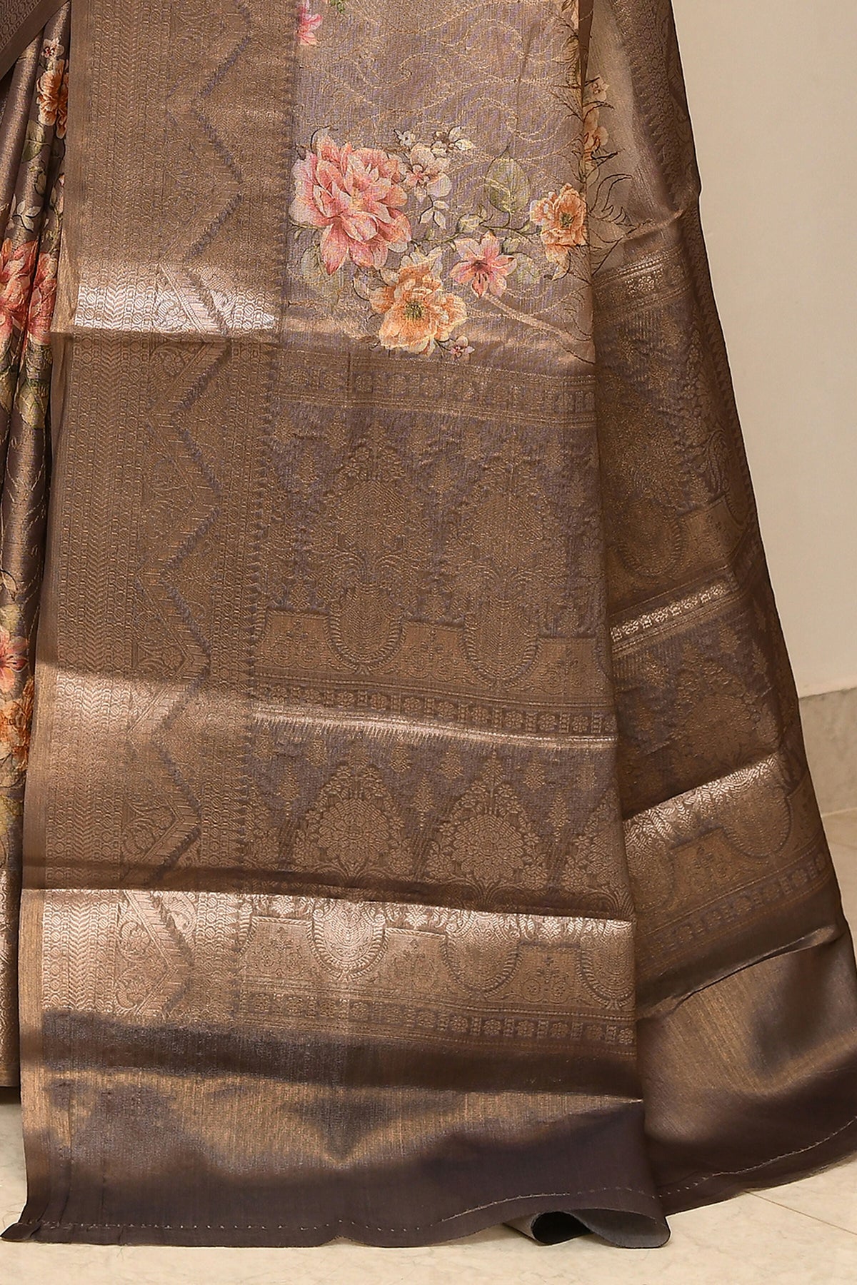 Joban Fashion Cofee Brown Saree Tissue Digital With Embroidery | Grocsy