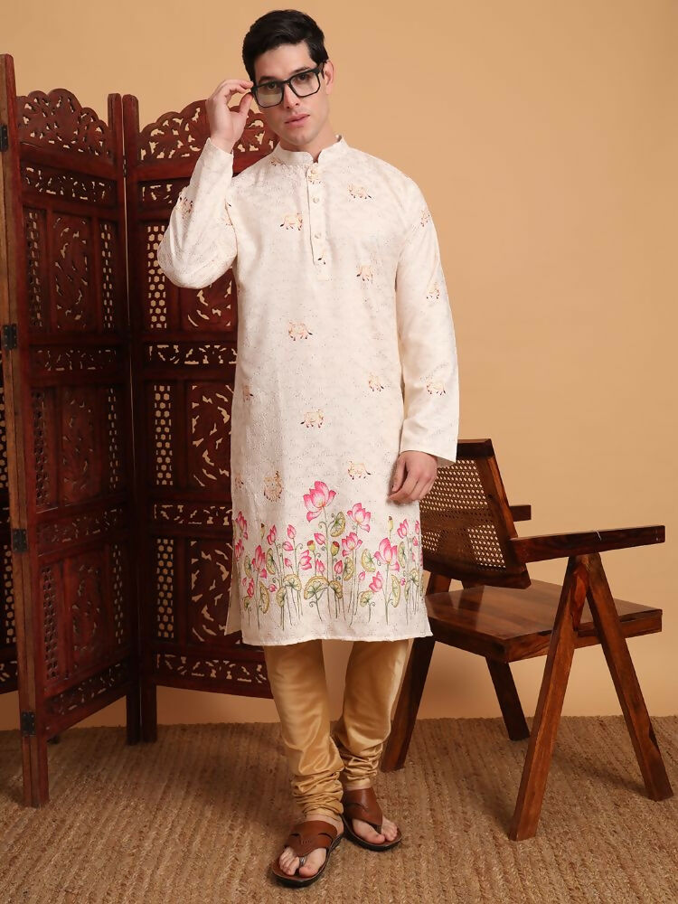 Cream Cotton Printed Chikankari Embroidery Work Kurta - Mahotsav | Grocsy