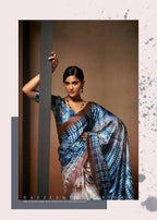 Blue Satin Digital Printed Saree with Unstitched Blouse Piece - Jodha | Grocsy