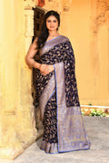Joban Fashion Navy Blue Crepe Chiffon Pure Handloom Banarasi Silk Saree | Grocsy